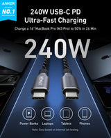 Anker Prime USB-C to USB-C cable with upcycled braided design, 3ft length, suitable for high-speed 240W charging.