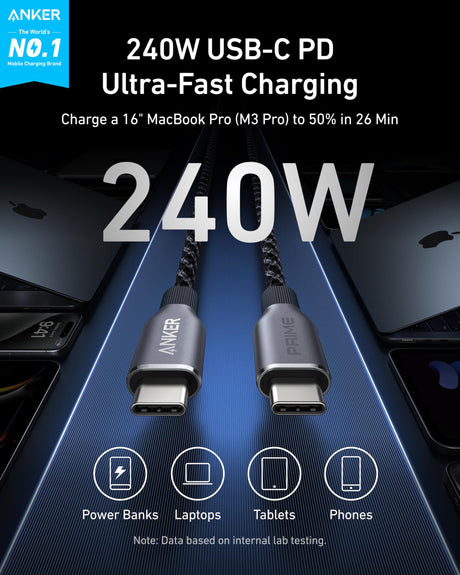 Anker Prime USB-C to USB-C cable, 3ft, upcycled braided design, supports 240W fast charging, black color, coiled cable with USB-C connectors