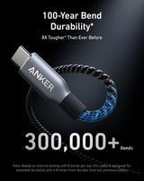 Anker Prime USB-C to USB-C cable, 3ft upcycled braided design, capable of 240W power transfer, shown coiled on a white background.