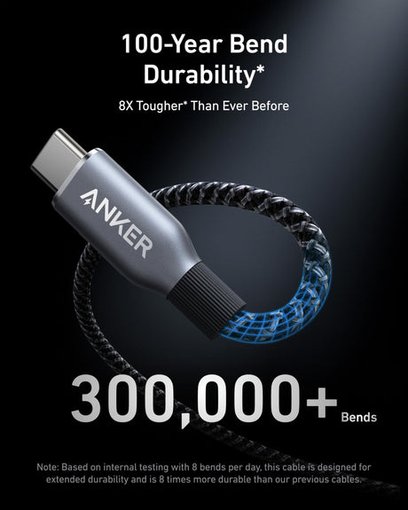 Anker Prime USB-C to USB-C cable, 3ft upcycled-braided 240W charging cable, shown coiled with braided design
