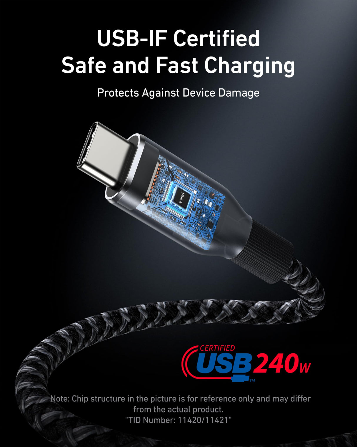 Anker Prime USB-C to USB-C cable, 3ft, upcycled braided design, suitable for high-power 240W charging, shown coiled with connectors