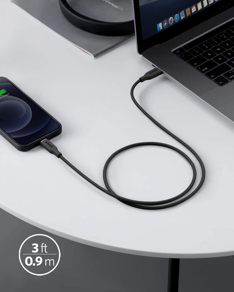 Anker 641 USB-C to Lightning silicone charging cable, 3ft black, designed for fast charging and durable connection.