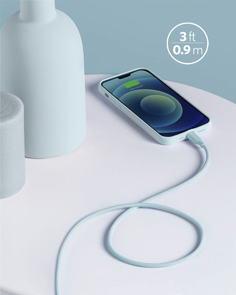 Anker 641 USB-C to Lightning cable in blue, 3ft silicone charging cable for Apple devices, with a sleek and flexible design.
