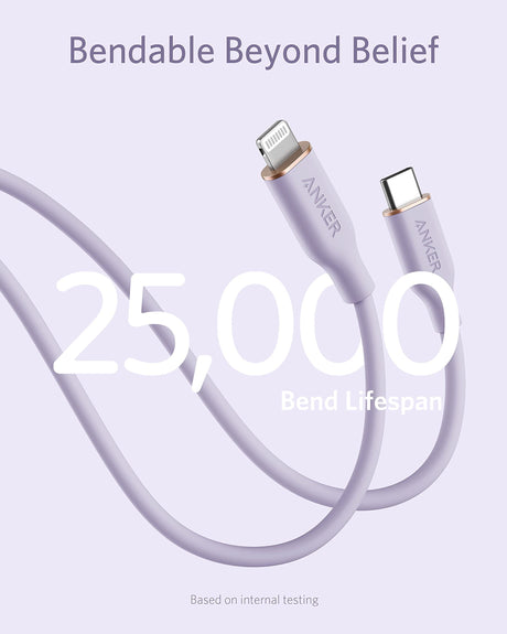 Anker 641 USB-C to Lightning silicone charging cable, 3ft, light purple color, designed for fast iPhone charging.