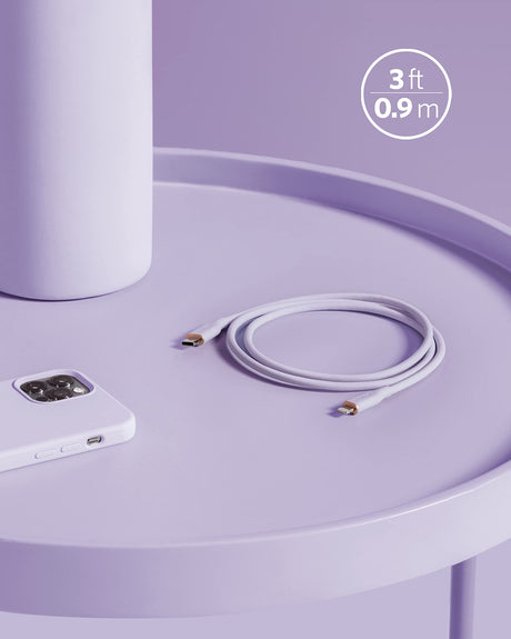 Anker 641 USB-C to Lightning silicone charging cable in light purple, 3 feet long, designed for fast device charging.
