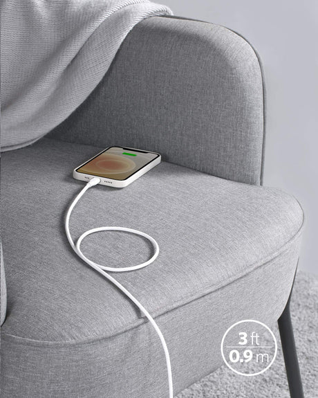 Anker 641 USB-C to Lightning silicone charging cable, 3ft white color, designed for fast and reliable iPhone charging.