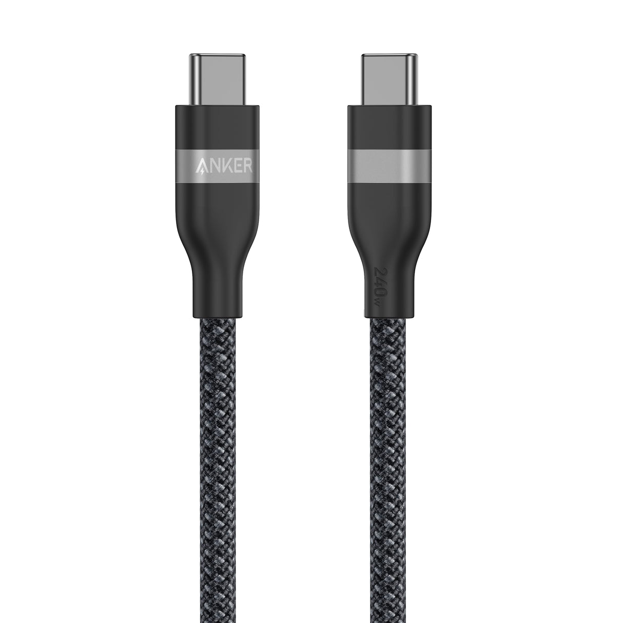 Anker USB-C to USB-C cable in black, 3 feet long, upcycled braided design, capable of 240W power transfer.