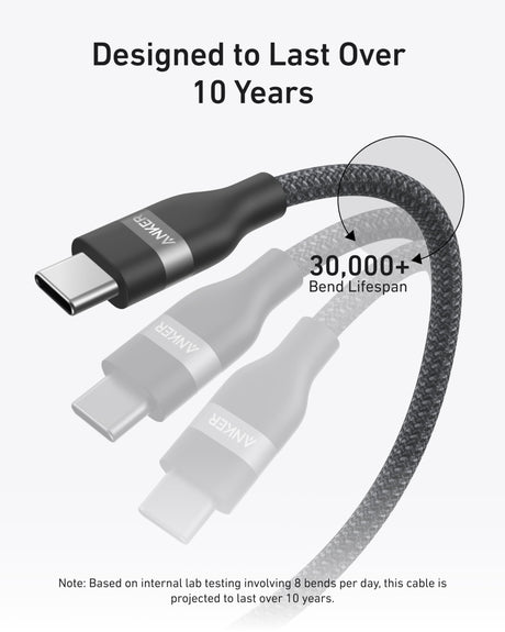 Anker USB-C to USB-C cable in black, 3 feet, upcycled braided design, supports 240W charging, durable and flexible.