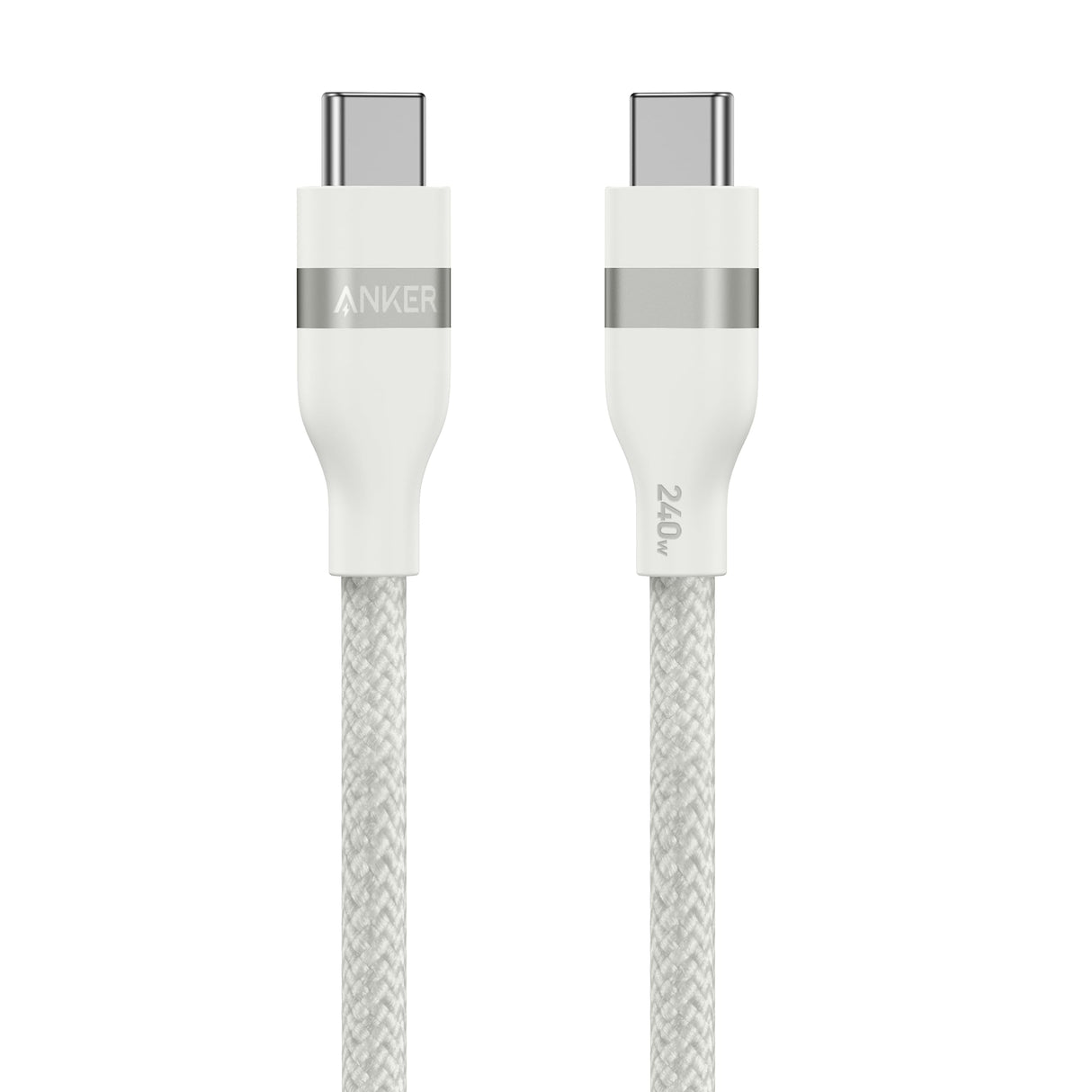 Anker USB-C to USB-C cable in white, 3 ft length, upcycled-braided design, supports 240W charging, shown connected between devices.