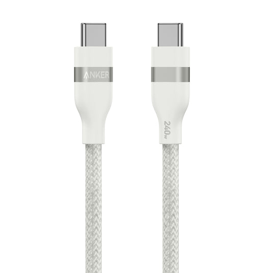 Anker USB-C to USB-C cable in white, 3 ft length, upcycled-braided design, supports 240W charging, shown connected between devices.