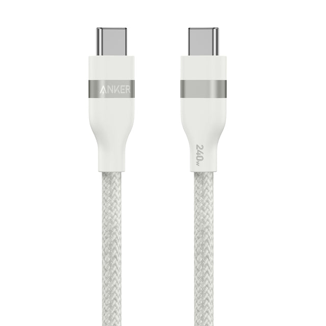 Anker USB-C to USB-C cable in white, 3 ft length, upcycled-braided design, supports 240W charging, shown connected between devices.