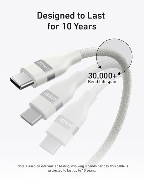 White Anker USB-C to USB-C cable, 3ft, braided design, supports 240W charging, upcycled material visible with braided texture.