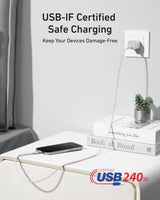 Anker USB-C to USB-C cable in white, 3 ft length, upcycled-braided design, supports 240W fast charging.