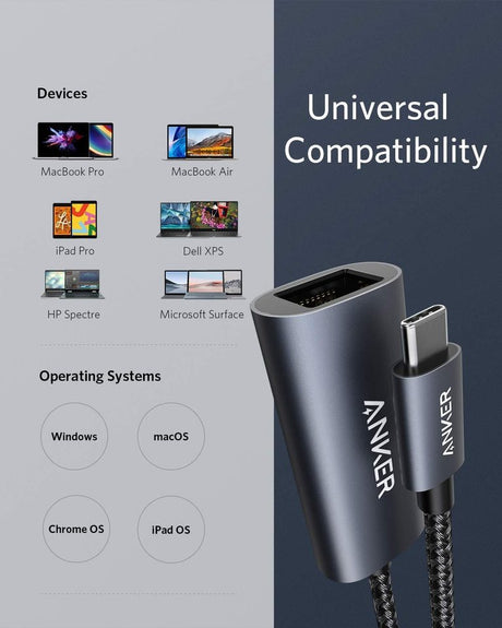 Anker PowerExpand USB-C to Gigabit Ethernet Adapter connected to a laptop for fast wired internet access.