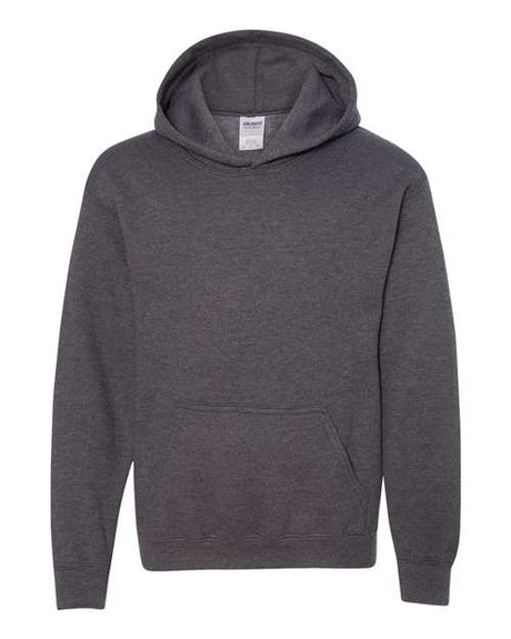 Gildan Youth Heavy Blend™ Hooded Sweatshirt in heather gray with front pouch pocket and adjustable drawstrings.