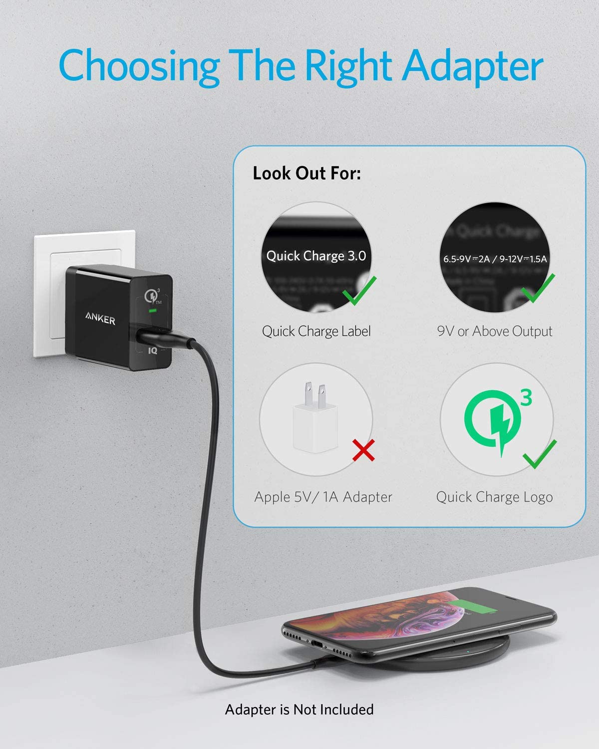 Anker 313 wireless charging pad for charging compatible smartphones, slim black pad with smooth surface and LED indicator.