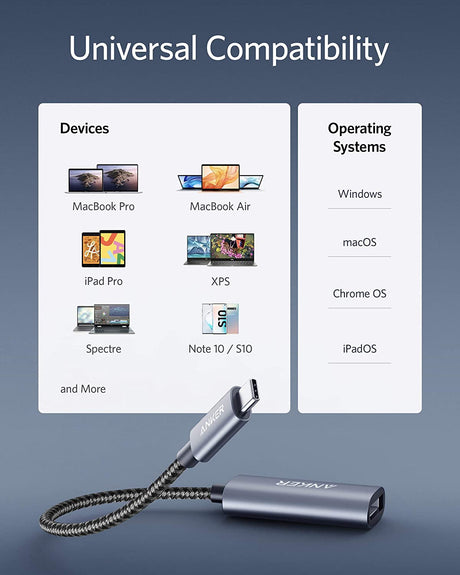 Anker PowerExpand USB-C to DisplayPort adapter connected to a laptop, showing the compact black adapter with cable attached.