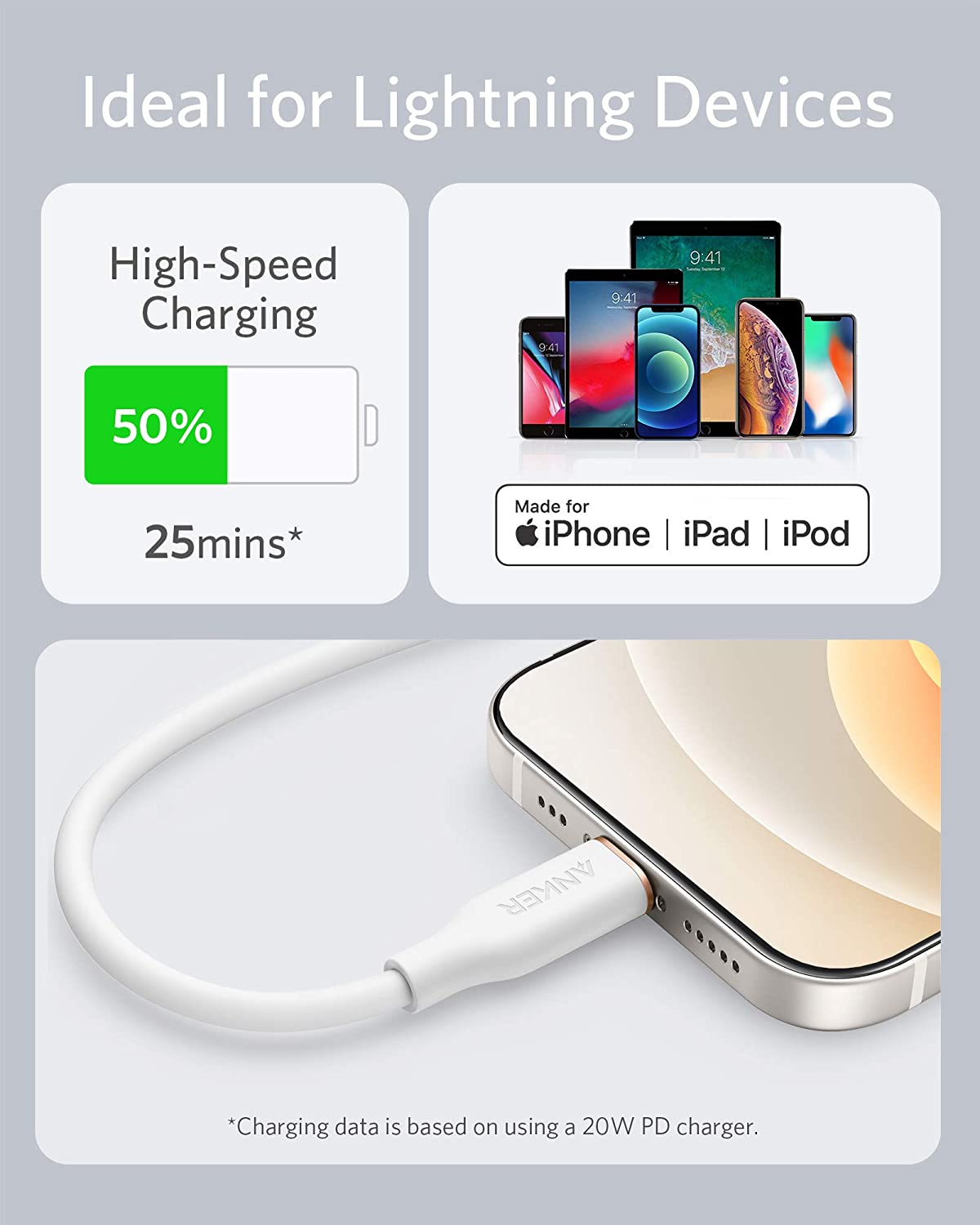 Anker 641 USB-C to Lightning cable with 3-foot silicone design, shown coiled and ready for charging or syncing devices.