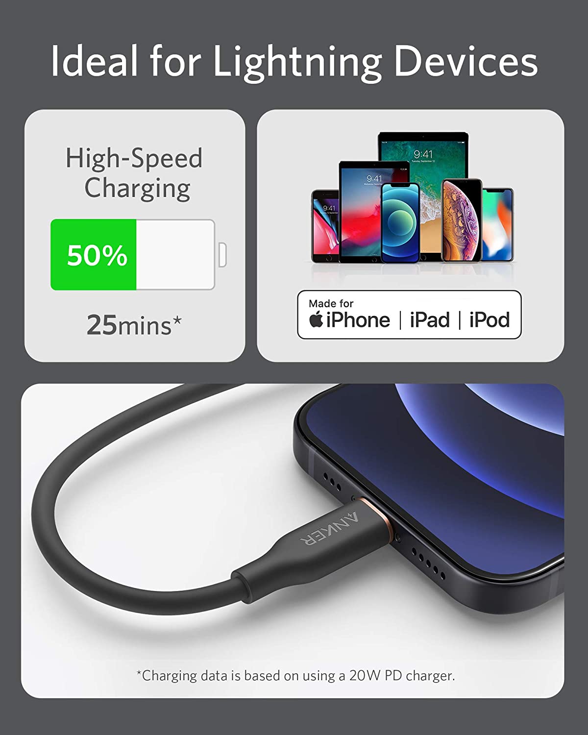 Anker 641 USB-C to Lightning Cable, 3 ft silicone cable with Flow design, suitable for charging Apple devices and data transfer.