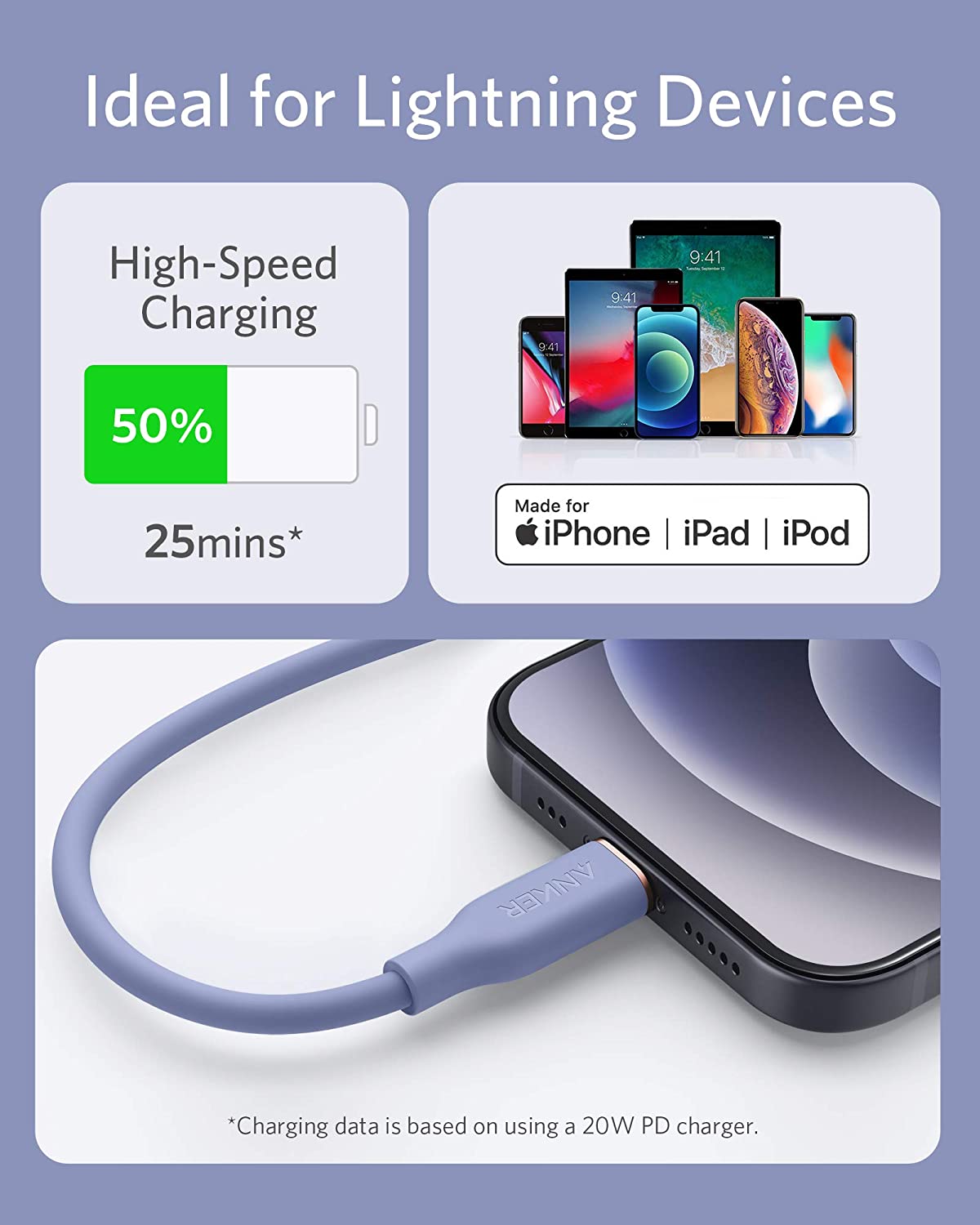 Anker 641 USB-C to Lightning Cable, 3 ft silicone flow cable for iPhone and Apple devices, black color with flexible design.