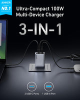 Anker Prime 100W GaN charger with three USB-C ports, compact design, and sleek black finish.