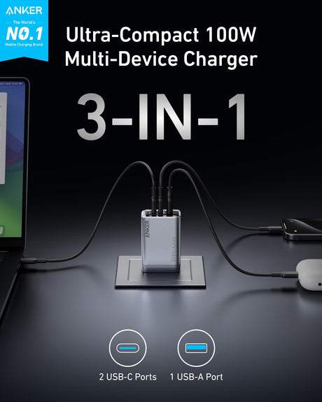 Anker Prime 100W GaN charger with three USB-C ports, compact design, and sleek black finish.