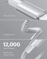 Anker 331 USB-C to Lightning charging cable showing a close-up of the cable with USB-C and Lightning connectors.