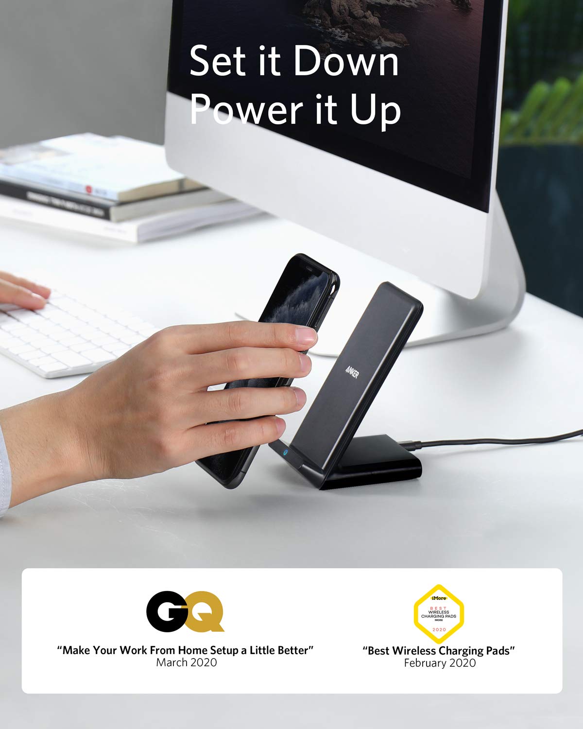 Anker 313 wireless charging stand with a sleek design, ideal for wireless charging compatible smartphones.