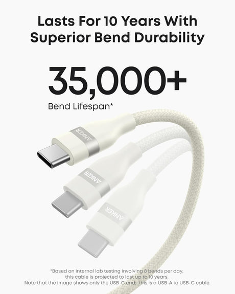 Anker upcycled braided USB-A to USB-C cable, 3 ft or 6 ft, with durable design for charging and data transfer.