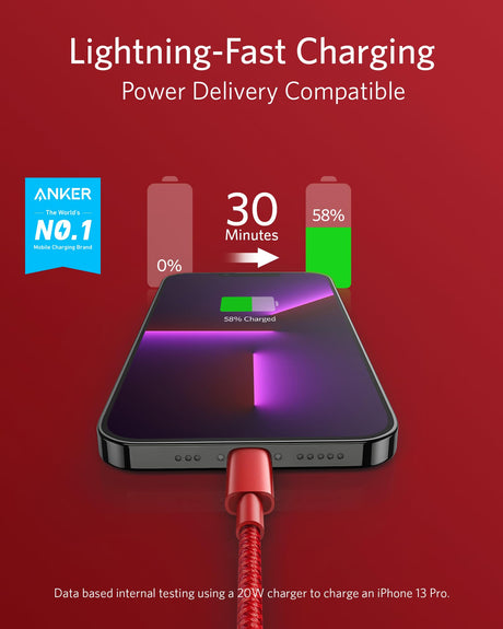 Anker 331 USB-C to Lightning charging cable, white, with USB-C connector on one end and Lightning connector on the other.