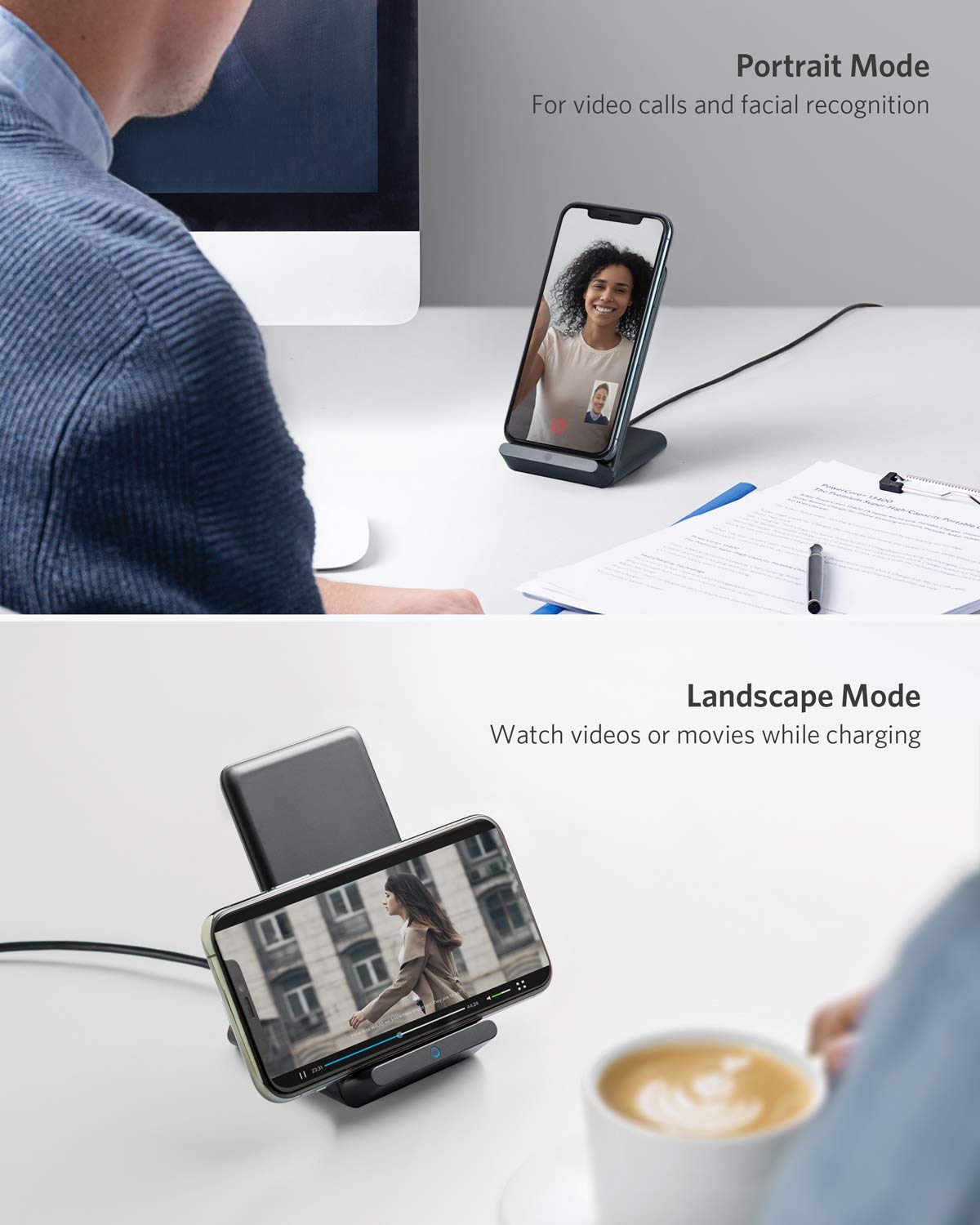 Anker 313 Wireless Charging Stand for smartphones, vertical stand with charging pad, black, compact design, charging only