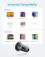 Anker 323 car charger with 52.5W power output, compact design, and multiple USB ports for fast device charging.