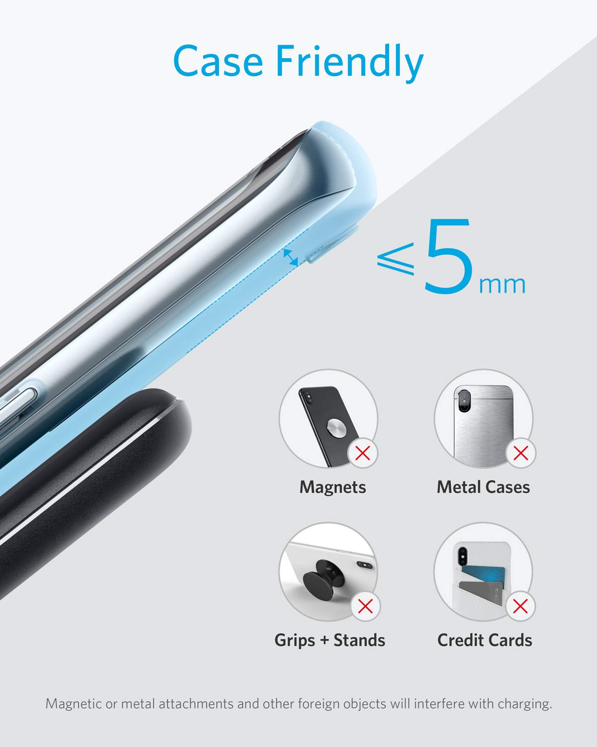 Anker 313 wireless charging stand with a sleek design, demonstrating its charging surface for compatible smartphones.
