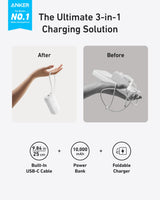 Anker Power Bank 10K with Fusion built-in cable, portable USB-C and USB-A device charger on a white background.