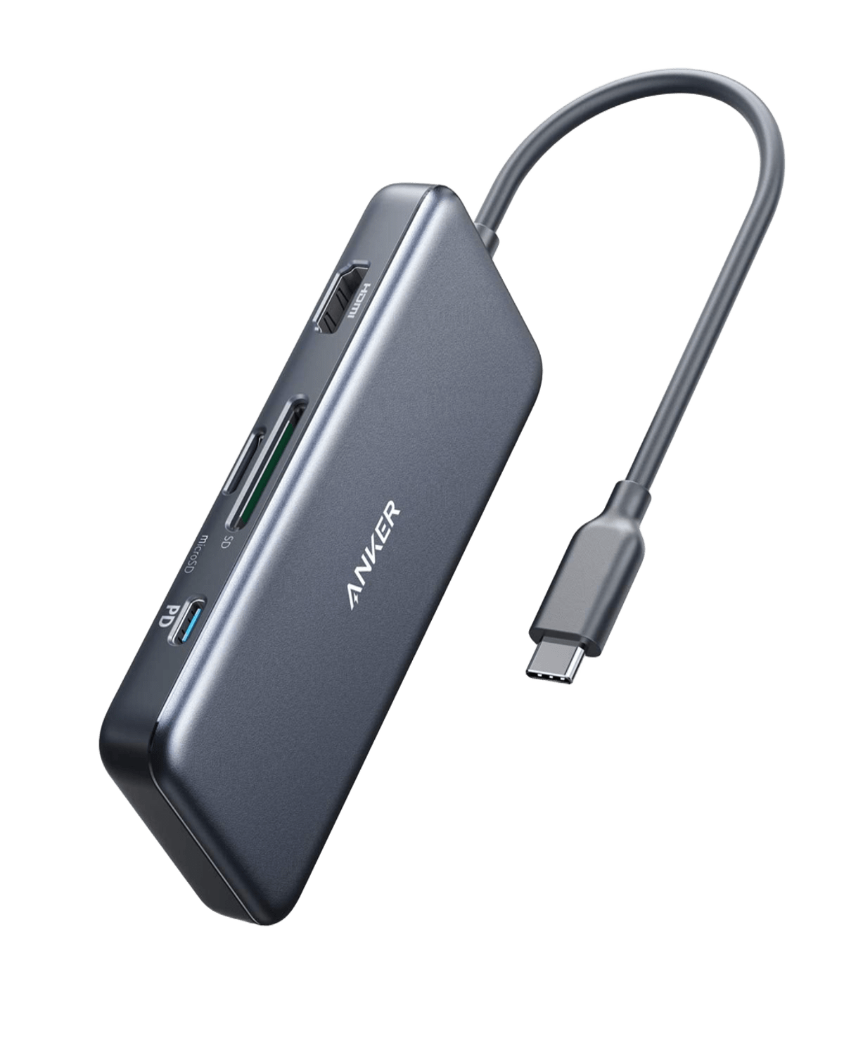 Anker 341 USB-C Hub 7-in-1 charging station with multiple ports for fast data transfer and device connectivity.