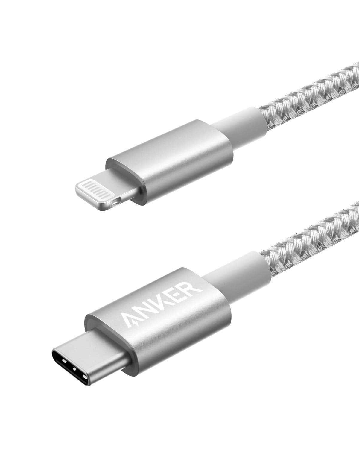 Anker 331 USB-C to Lightning charging cable, white, with USB-C and Lightning connectors visible on the cable.