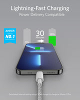 Anker 331 USB-C to Lightning charging cable showing a close-up of the cable with USB-C and Lightning connectors.