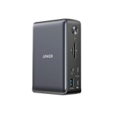 Anker 575 USB-C Docking Station for charging, featuring multiple ports, sleek design, and compact build for versatile device connectivity.