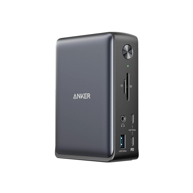 Anker 575 USB-C Docking Station for charging, featuring multiple ports, sleek design, and compact build for versatile device connectivity.