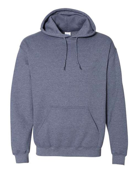 Gildan Unisex Heavy Blend™ Hooded Sweatshirt in heather gray with front kangaroo pocket and drawstring hood.