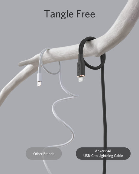 Anker 641 USB-C to Lightning silicone charging cable, 6ft black, designed for fast and durable iPhone charging.