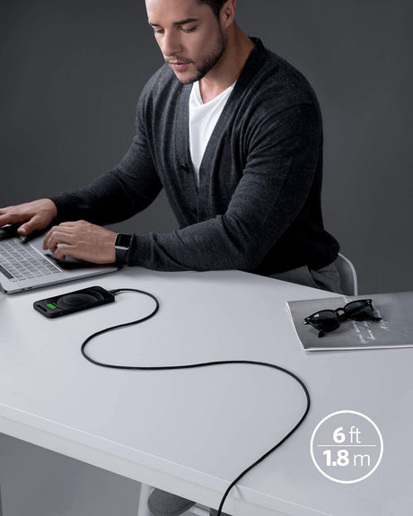 Anker 641 USB-C to Lightning silicone charging cable, 6ft black, designed for fast and reliable device charging.