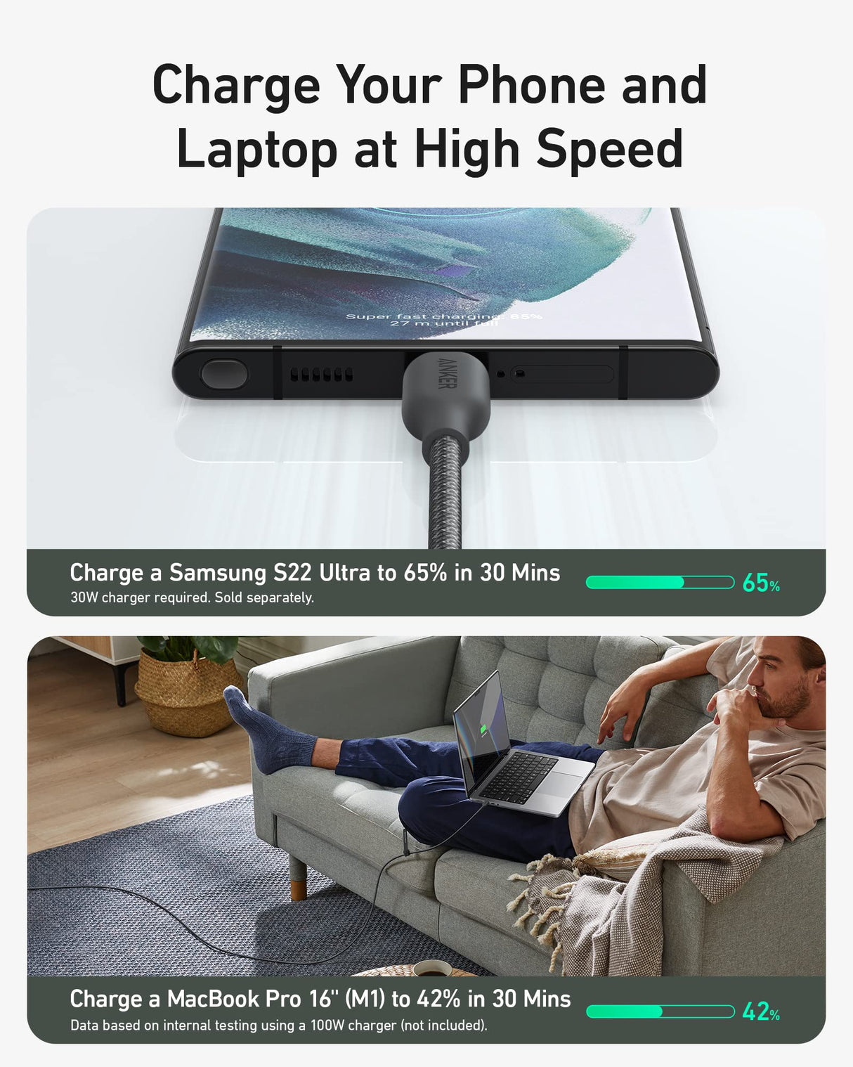 Black Anker 543 USB C to USB C charging cable, 10 ft long, designed for fast 240W power transfer and durable construction.