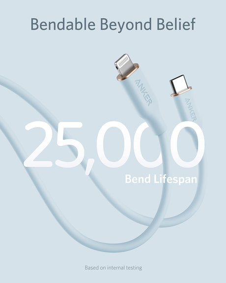 Anker 641 USB-C to Lightning charging cable, 6ft blue silicone cable for Apple devices, flexible and durable design