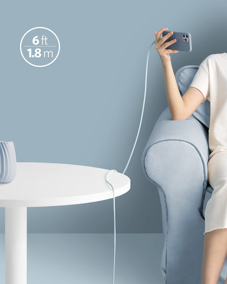 Anker 641 USB-C to Lightning silicone charging cable, 6ft long, with blue color and flexible design for Apple devices.