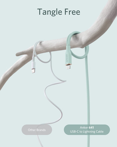 Anker 641 USB-C to Lightning charging cable, 6ft green silicone cable for Apple devices, durable and flexible design.