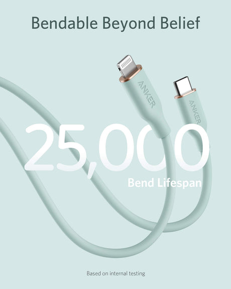 Anker 641 USB-C to Lightning silicone charging cable, 6ft green color, designed for fast and reliable device charging.