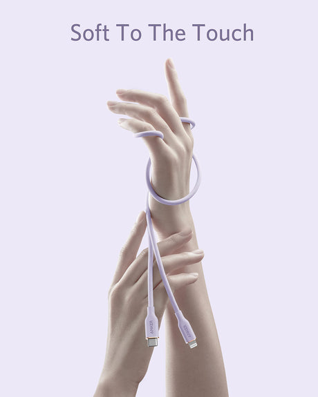 Anker 641 USB-C to Lightning charging cable in flow silicone, 6 feet long, with a light purple color and durable design.