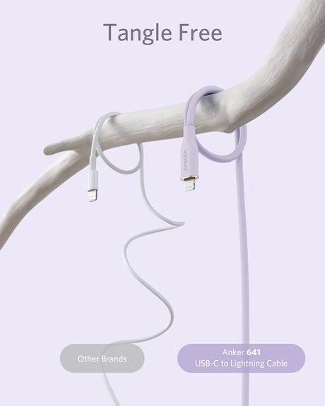 Anker 641 USB-C to Lightning silicone charging cable, 6ft length in light purple color, designed for fast device charging.