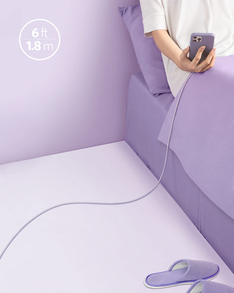 Anker 641 USB-C to Lightning Flow silicone charging cable, 6ft light purple, designed for fast and durable device charging.